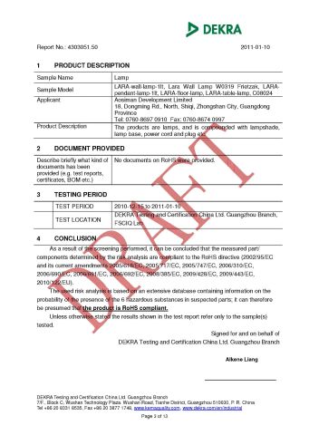 RoSH certificate from ZHONGSHAN AOSIMAN LIGHTING CO., LIMITED