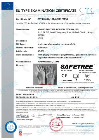Certificate of PU Cut resistant Gloves certificate from Zhejiang Safetree Industry Tech Co., Ltd.