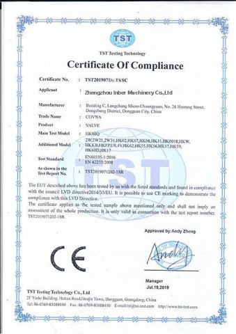 CE certificate of Zhengzhou Inber Machinery Co., Ltd. – certificate photo, supplier certificates section