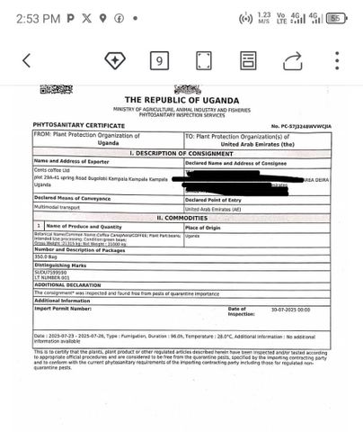 PHYTO SANITARY CERTIFICATE certificate from CENTS COFFEE LTD