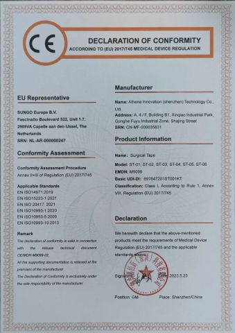 CE(Surgical Tape) certificate from Athena Innovation (Shenzhen) Technology Co., Ltd.