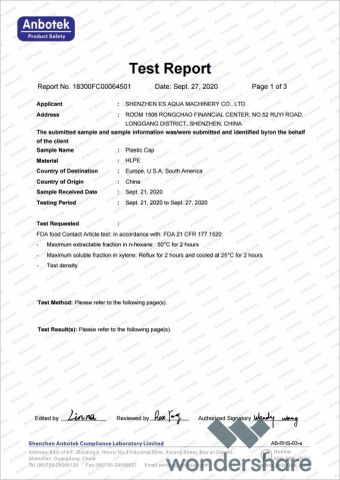 FDA for CAP02 certificate of Shenzhen ES AQUA Machinery Co., Ltd. – certificate photo, supplier certificates section