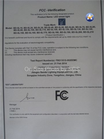 FC certificate from BAODE LIGHTING GROUP CO., LTD.