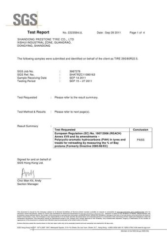REACH certificate of SHANDONG PRESTONE TYRE CO., LTD. – certificate photo, supplier certificates section