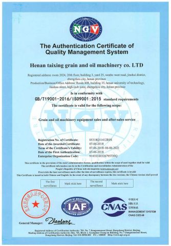 ISO 9001 certificate from Henan Taixing Grain and Oil Equipment Co., Ltd.