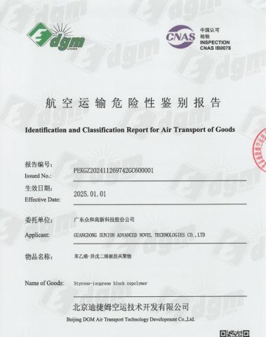 SIS-2Identification and Classification Report for Transport of Goods certificate from GUANGDONG SUNION CHEMICAL&PLASTIC CO., LTD.