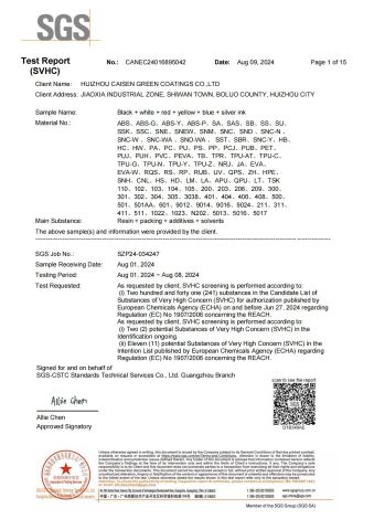 SVHC ink testing certificate from MAX (HK) INDUSTRIAL CO., LIMITED