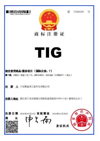 TIG Trademark certificate from Ningbo Starkea Industrial Technology Co., Ltd.