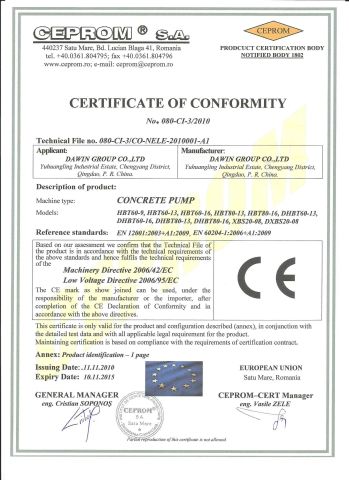 DAWIN Machinery CE certificates for concrete mixers certificate from Qingdao Saintyol Dawin Machinery Co., Ltd.