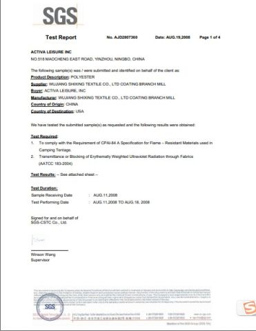300D PU coated Oxford flame retardant CPAI 84 certificate certificate from Liping Outdoors Manufactory Ltd.
