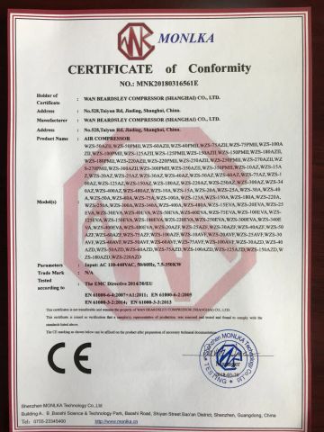 CE Certificate of Air compressor certificate from Wan Beardsley Compressor Machinery (Shanghai) Co., Ltd.