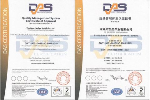 QC certificate from Yongkang Hao Hao Vehicle Co., Ltd.