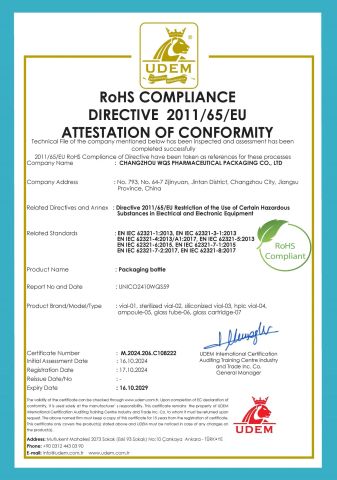 CE Packing Bottle certificate from CHANGZHOU WQS PHARMACEUTICAL PACKAGING CO., LTD