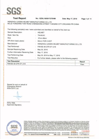 DOT certificate for 8616c certificate from Wenzhou Leiden Helmet Manufacturing Co., Ltd.