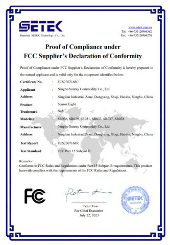 FCC certificate from Ningbo Sunray Commodity Co., Ltd