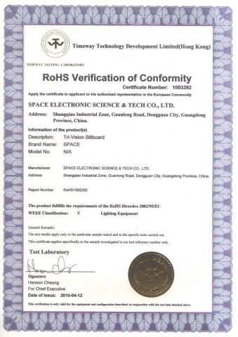 RoHS for Tri-vision certificate from Dongguan Space Electronic Science and Tech Co., Ltd.