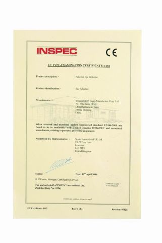 Eye Protector CE Certificate 1492 certificate from Yulong Safety Tools Manufacture Corp., Ltd.