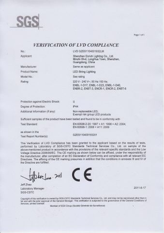 CE Certification for LED String Light certificate from Shenzhen Enrich Lighting Co., Ltd.