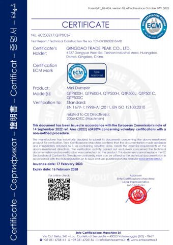 CE certificate of Mini Dumper certificate from Qingdao Trade Peak Co., Ltd.