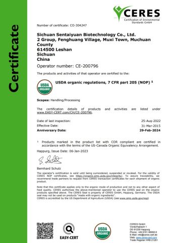 Cert NOP certificate from Sichuan Sentaiyuan Biotechnology Co., Ltd.
