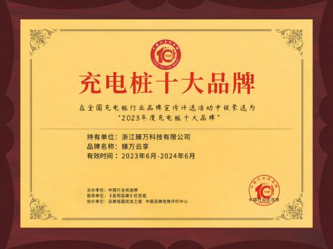 Top10 EV Charger Brand certificate from Zhejiang Zhenwan Technology Co., Ltd.