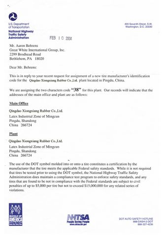 DOT certificate of Qingdao Xiongxiang Rubber Co., Ltd – certificate photo, supplier certificates section