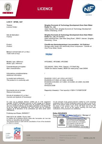 NF certificate from Qingdao Haier New Energy Appliance Co., Ltd.