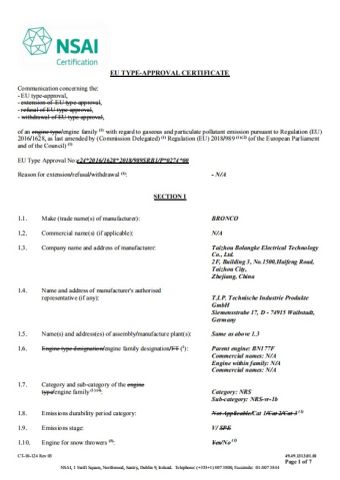 EURO V certificate of Taizhou Bronco Mechanical and Electrical Technology Co., Ltd. – certificate photo, supplier certificates section