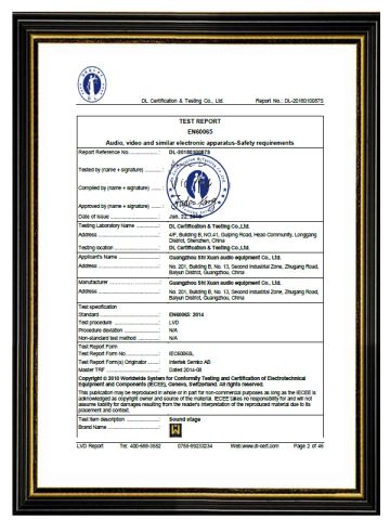 TESTREPORT certificate from Guangzhou Shixuan Audio Equipment Co., Ltd.