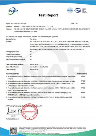 ASTM certificate from Shantou Xinbo Intelligent Technology Co., Ltd
