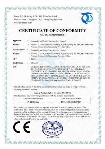 TABLE CE certificate of Foshan Diong Furniture Co., Ltd. – certificate photo, supplier certificates section