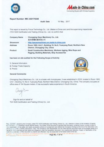 TUV Audit Report certificate from Chongqing Geyo Machinery Co., Ltd.