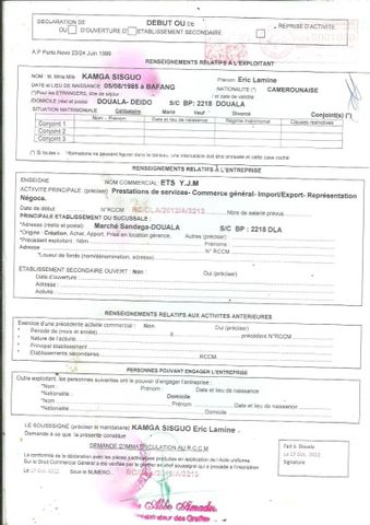Certificate of Incorporation certificate from ETS YJM CAMEROUN