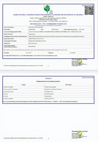 APEDA certificate from Sri maragatham export. India