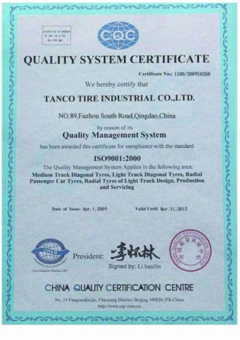 ISO9001 certificate of Qingdao Timax Tire Co., Ltd. – certificate photo, supplier certificates section