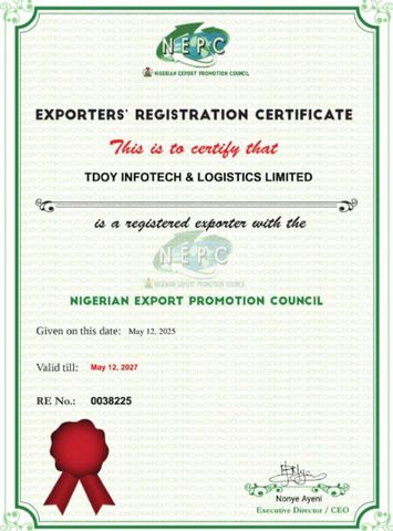 NEPC Export Licence  certificate of Tdoy Farm Produce and Agro-Allied – certificate photo, supplier certificates section