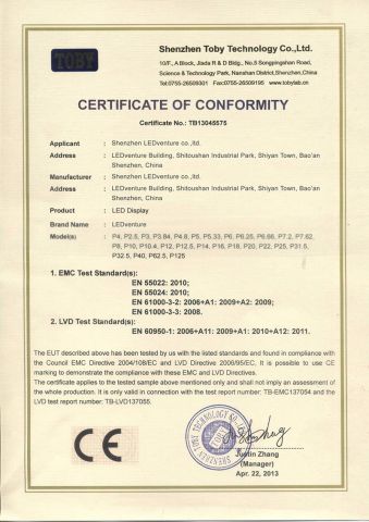 CE for LED screen certificate from Shenzhen LEDventure Co., Ltd.
