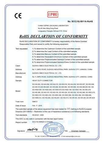 ROSH certificate of ZHEJIANG SMICO ELECTRIC POWER EQUIPMENT CO., LTD. – certificate photo, supplier certificates section