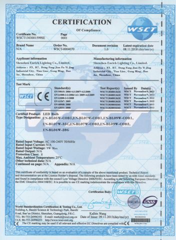 MCOB LED Bulb CE certificate from Shenzhen Enrich Lighting Co., Ltd.