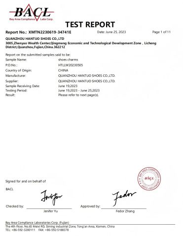 shoes charms- rohs certificate of Quanzhou Hantuo Shoes Co., Ltd. – certificate photo, supplier certificates section