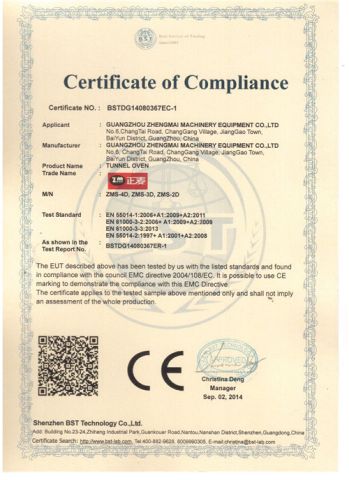 CE Certificate of tunnel oven certificate from Zhengmai Machinery (Guangzhou) Co., Ltd.