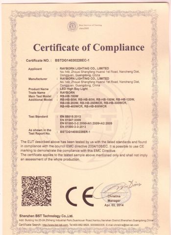 LED High Bay- EMC certificate from Rayborn Lighting Industry Co., Ltd.