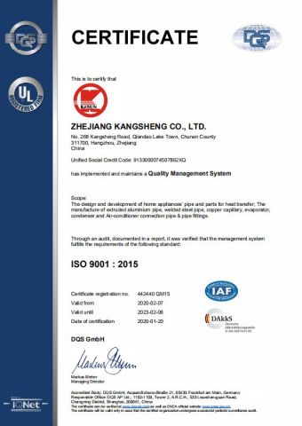 ISO9001 certificate of Zhejiang Kangsheng Co., Ltd. – certificate photo, supplier certificates section