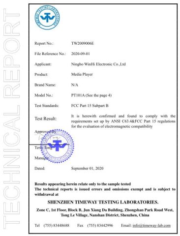 Winhi advertising screen FCC certificate from Ningbo Beilun Bonsen Auto Electron Co., Ltd.
