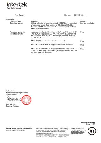 Inertek certificate from Dongguan Edee Apparel Co., Ltd.
