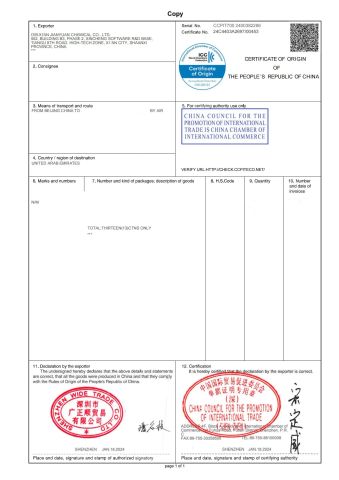The Certificate of Origin certificate of Xi an Jianyuan Chemical Co., Ltd. – certificate photo, supplier certificates section