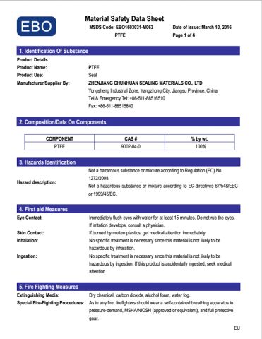 MSDS-Certificate certificate from Zhenjiang Chunhuan Sealing Materials Co., Ltd. (Group)