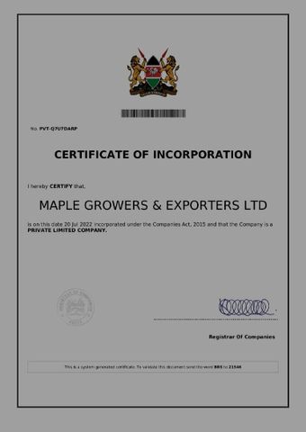 Certificate of incorporation certificate from Maple Grower's & Exporters Ltd