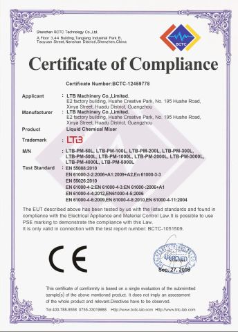 CE Certification-Liquid Chemical Mixer certificate of LTB Machinery Co.,ltd – certificate photo, supplier certificates section