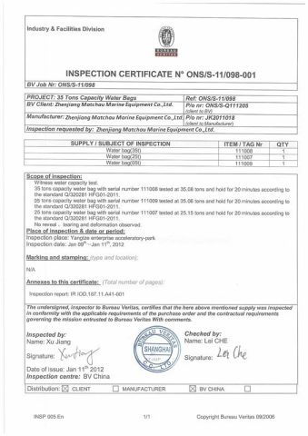 certification for water weight bag for crane certificate from Zhenjiang Matchau Marine Equipment Co., Ltd.